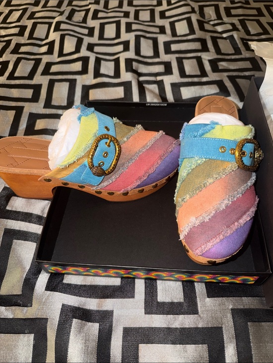 Kurt Geiger Shoes - Kurt Geiger Rainbow Striped Denim Buckle Clogs